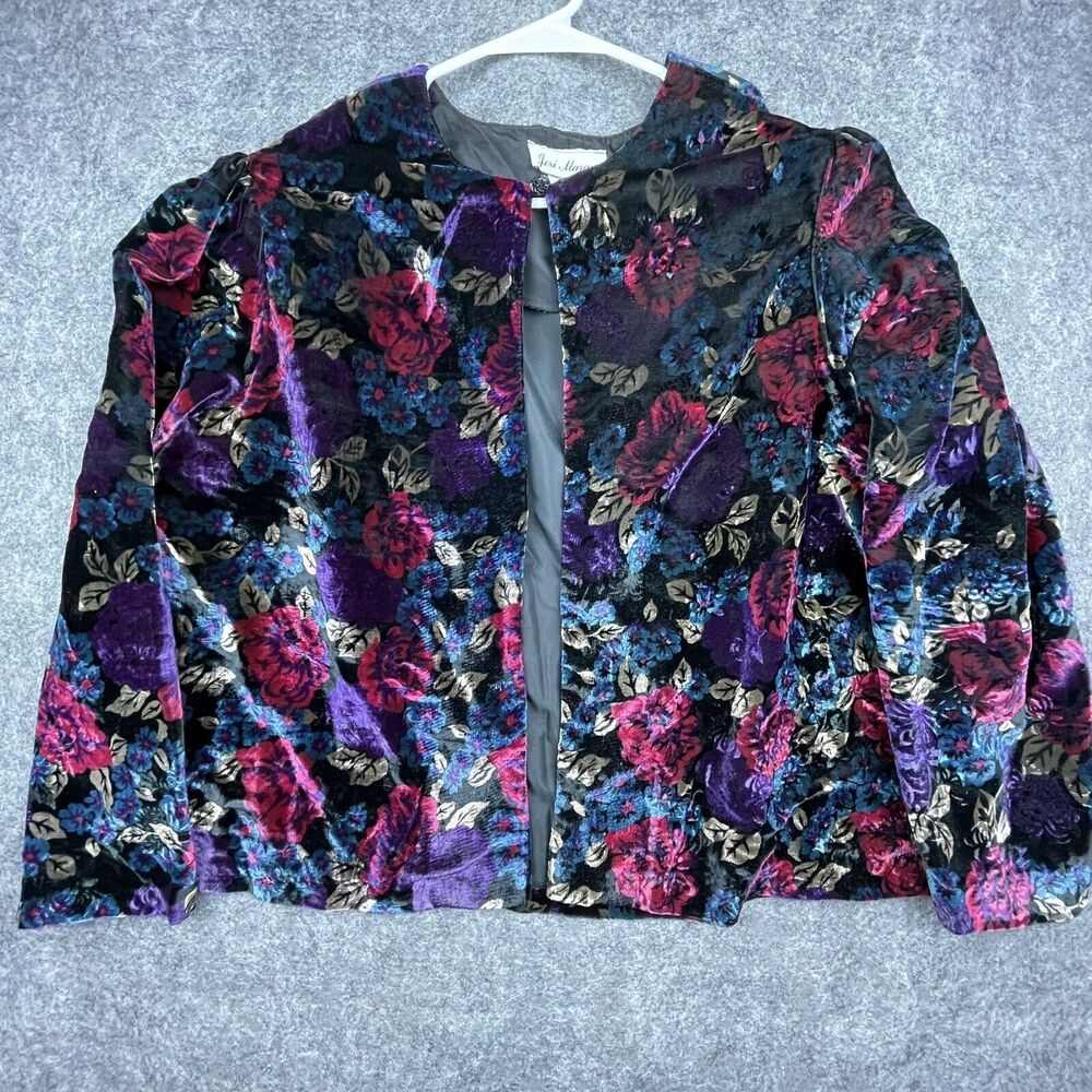 Vintage Jeri Marque Blazer Womens 38 Floral Velvet Capelet Lux‎ Rich Bold 90s